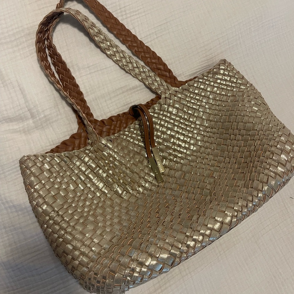 Calvin Klein Elegant reversible Woven Gold and Brown Tote Bag